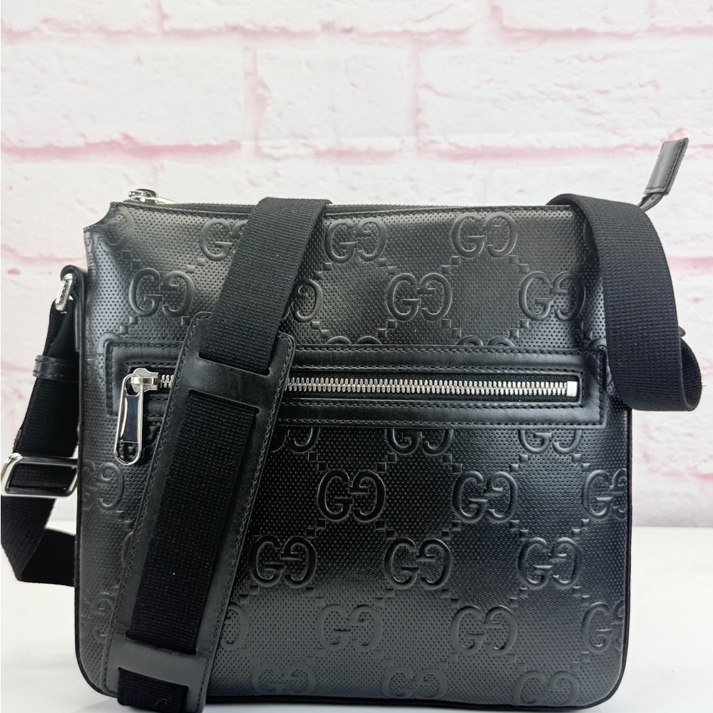 Gucci Black Gg Embossed Leather Messenger Bag